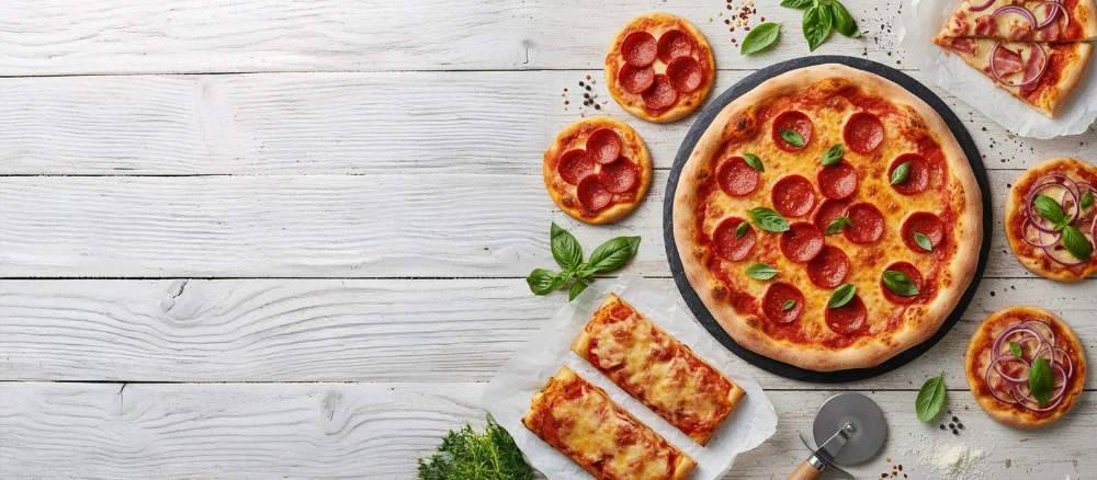 Diepvries pizza’s en pizzaproducten, zoals afgebakken pizza’s en pizzabodems in en uit verpakking.