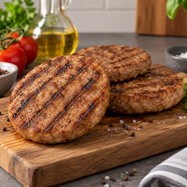 10 kg Gekruide Hamburgers (varkens- en rundvlees) – Doos van 10 × 1 kg