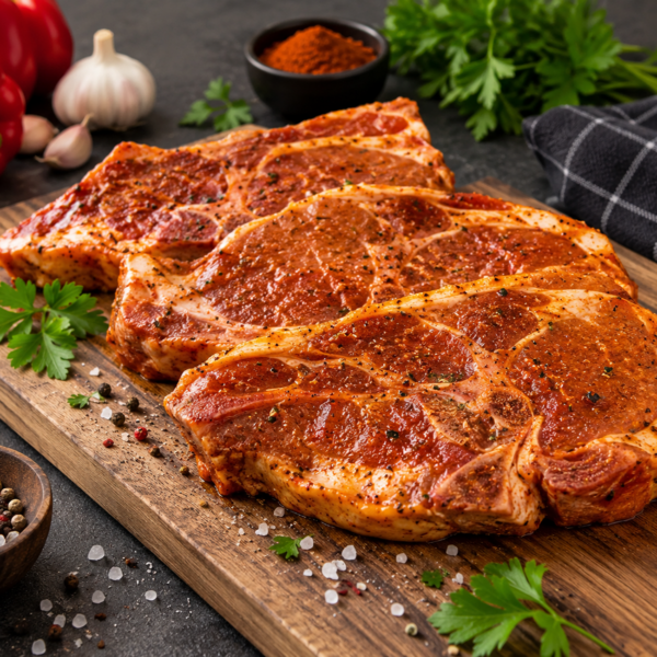 9,24 kg Paprika gemarineerde varkensschoudersteaks met bot – circa 1,256 kg per stuk