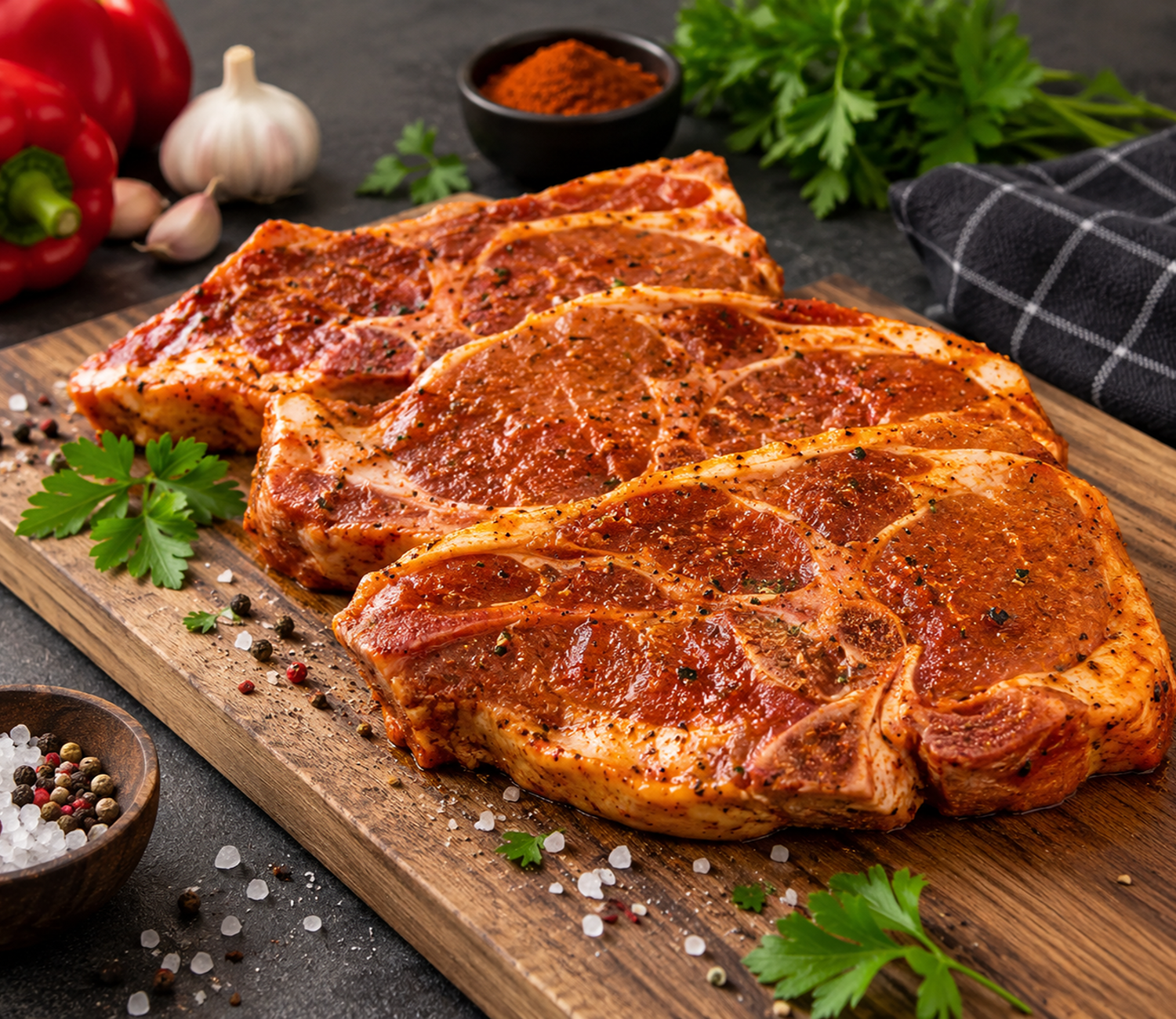 min20_diepfreezegroothandel_varkensschoudersteaks met bot_096 9,24 kg Paprika gemarineerde varkensschoudersteaks met bot – circa 1,256 kg per stuk - Afbeelding 1