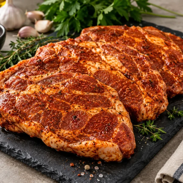 8,164 kg Gemarineerde Varkensneksteaks – circa 0,816 g per stuk